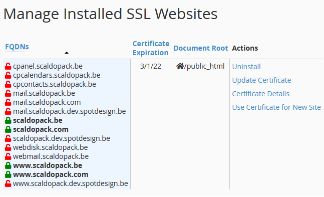 A screenshot of cPanel interface showing all configured domains eligible for being included in AutoSSL coverage
